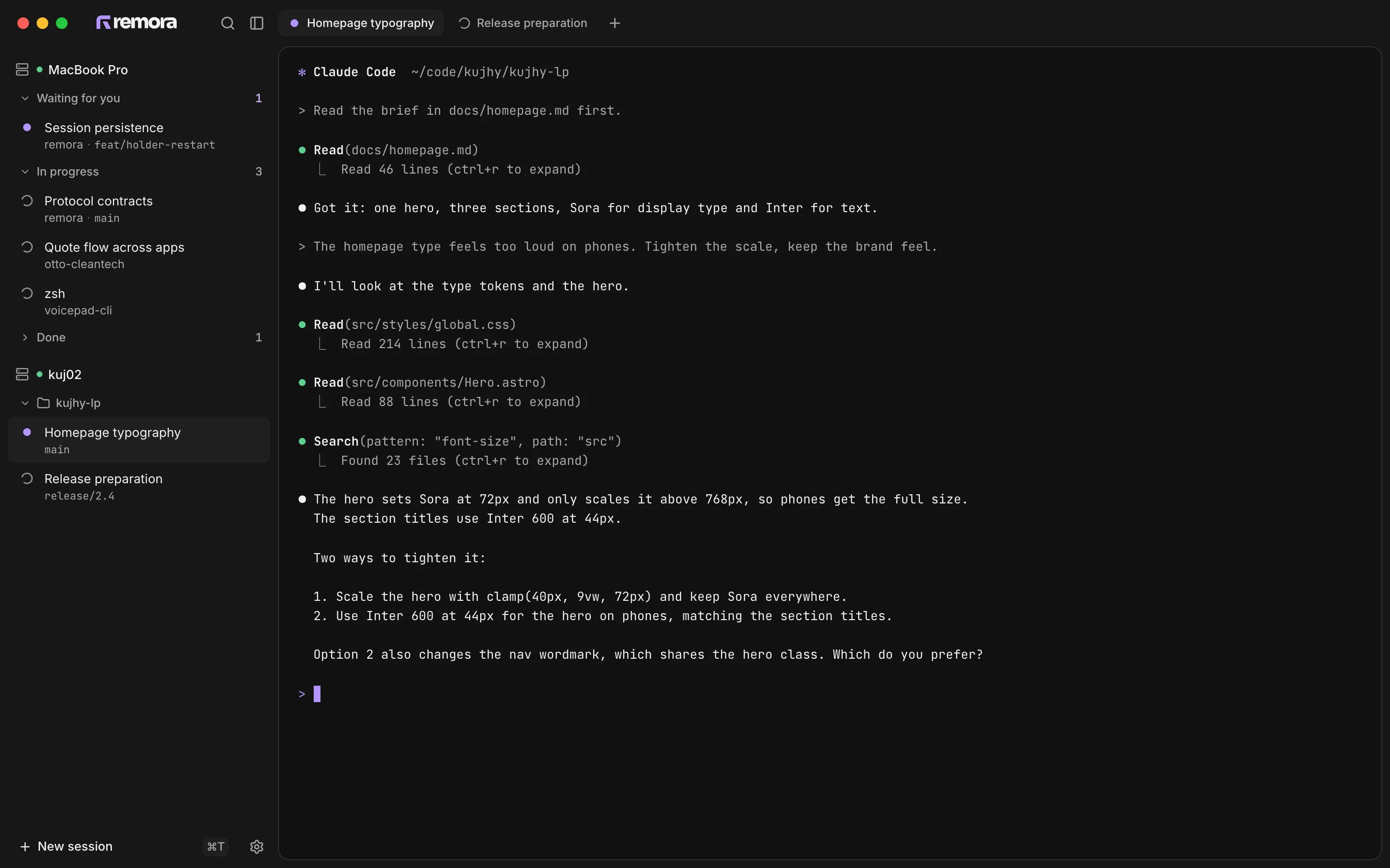 Remora on the Mac: Claude Code waits for an answer in Homepage typography.