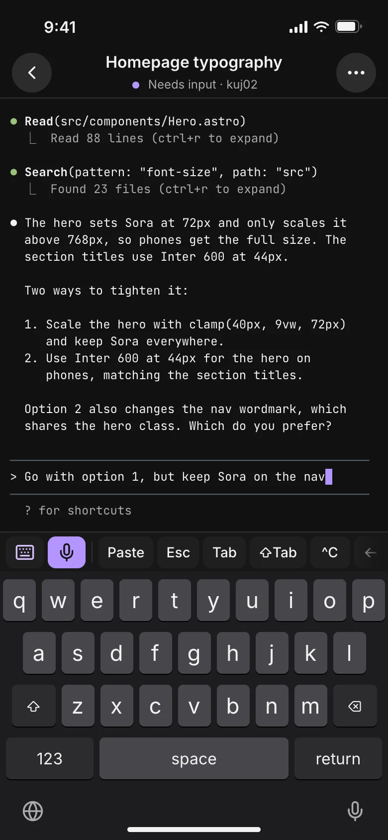 Answering the agent from the iPhone keyboard.